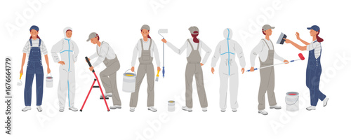 Different stages of a painting project with workers preparing and applying paint