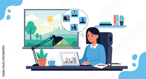 Woman works at desk, dreams of leisure. Remote work, healthy lifestyle, work-life balance, daydreaming, productivity, home office, wellness, meditation, relaxation