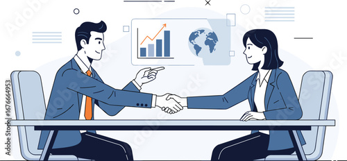 Businesspeople shaking hands over global growth. Corporate deal, meeting, partnership, agreement, negotiation, teamwork, successful, business, collaboration, achievement