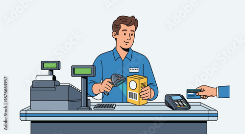Cashier scans item and customer pays with card. Shopping, retail, checkout, payment, transaction, commerce, service, consumerism, store