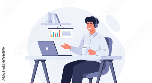 Man in virtual meeting, drinking coffee at desk. Online conference, remote work, communication, presentation, webinar, office, home office