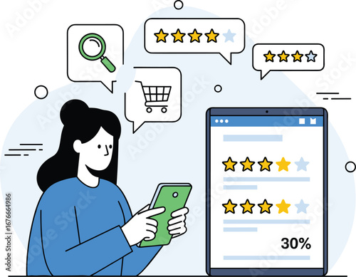 Woman checks customer reviews online with smartphone. E-commerce, online shopping, feedback, mobile app, reputation, digital, review, rating, consumer, technology.