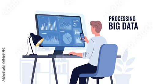 Analyst processes big data on computer and phone. Data analysis, business intelligence, analytics, technology, insights, information management, infographics.