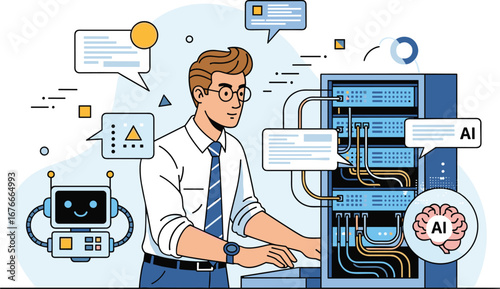 Man uses AI on server, connected to robot. Artificial intelligence, machine learning, automation, technology, networking, data, connection, future, server room.