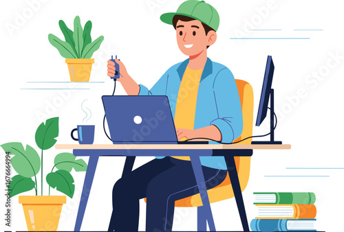 Man sits at desk working on laptop with charger. Remote work, home office, technology, freelancer, digital lifestyle, creative, career, occupation, small business
