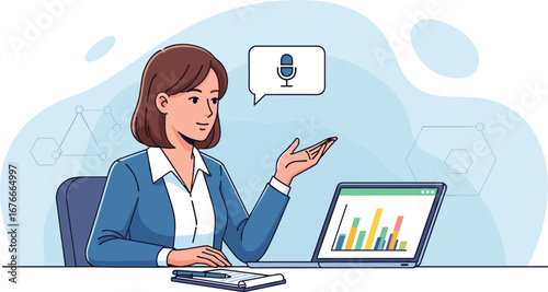 Woman presents graphs during virtual meeting. Business presentation, online conference, communication, teamwork, telecommuting, work from home, video call, collaboration.