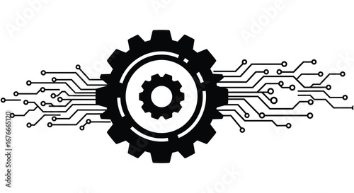 Black gear and circuit board design on a white background