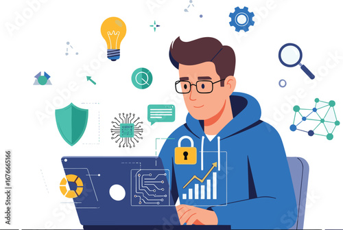 Coder works on secure laptop. Data analysis, cybersecurity, coding, developer, data science, data protection, innovation, solutions, creative, digital, technology