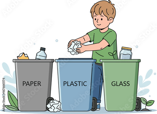 Boy sorts waste in recycling bins. Environmental awareness, waste management, sustainability, eco-friendly, child education, future, global responsibility.