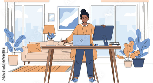 Woman stands at desk working from home.  Remote work, freelance, lifestyle, work from home, computer, digital nomad, employee, modern, freelance, distance, home office.