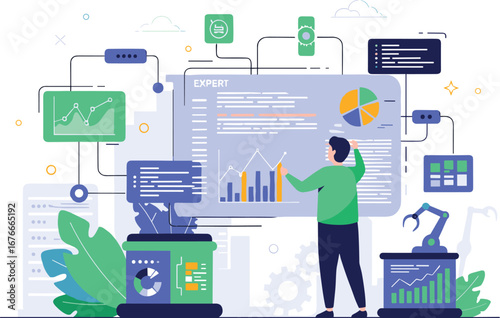 Expert analyzes data on screen with charts. Business analysis, data visualization, analytics, reporting, trends, statistics, business intelligence, machine learning