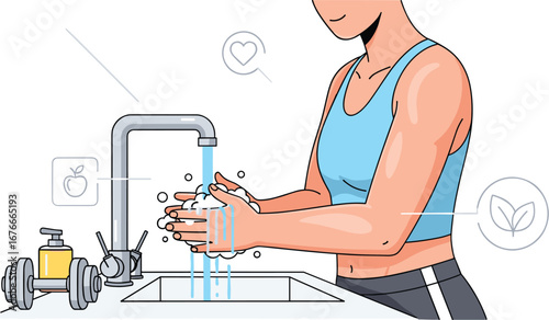 Woman washes hands at sink after workout. Hygiene habit for wellness. Cleanliness, health, fitness, exercise, germs, safety, care, soap, water