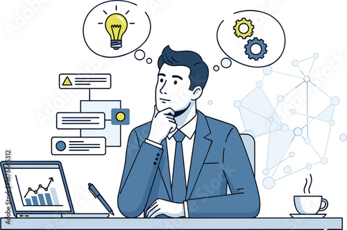 Businessman considers ideas at his desk. Business strategy, creative process, problem solving, planning, analysis, brainstorming, innovation, success.