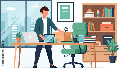 Man packs office desk into box for relocation. Career change, new job, moving, office, business, relocation, career, leaving, workspace.