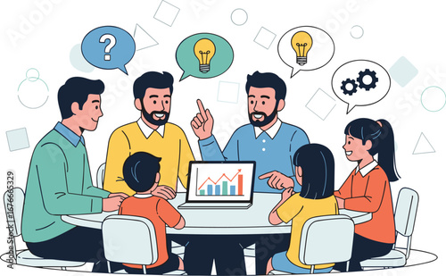 Team brainstorming ideas around laptop. Business, teamwork, meeting, collaboration, project, presentation, strategy, innovation, growth, data, analysis, chart