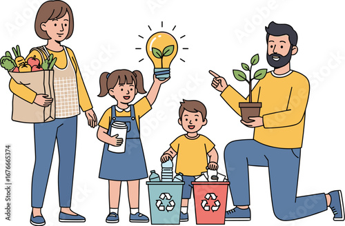 Family recycles, plants trees and uses energy wisely.  Sustainability, environment, conservation, eco-friendly, responsibility