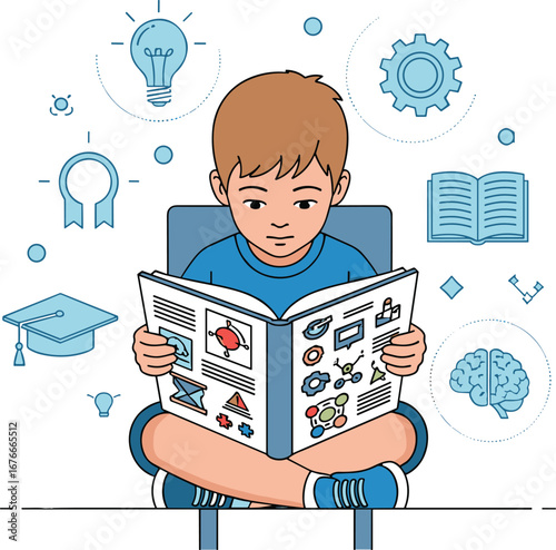 Boy reading book with educational illustrations. Learning, knowledge, creativity, education, studying, child, student, success, smart, development, wisdom.