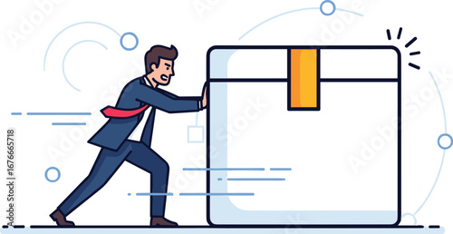 Man pushes heavy box forward with effort. Business challenge, hard work, shipping, moving, goal, success, package, delivery, accomplishment, perseverance