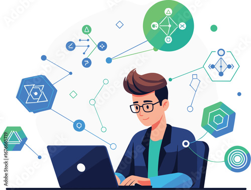 Man works on laptop surrounded by geometric shapes. Technology, innovation, artificial intelligence, data science, developer, programmer, connectivity, analysis.