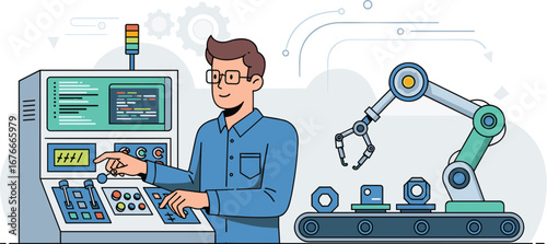 Man operates factory machine interface with robotic arm. Manufacturing, automation, industry, engineering, control, technology, production, system