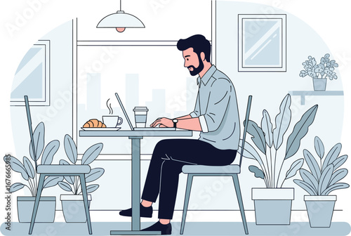 Man working on laptop at cafe, enjoys coffee and croissant. Remote worker at table. Freelance, business, digital lifestyle, workspace, entrepreneur, coffee break.