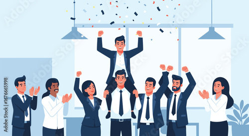 Team celebrates success with coworker on shoulders as confetti falls. Victory, teamwork, achievement, promotion, congratulations, celebrating, success, business, together.