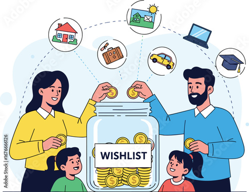 Family saves money in jar for wishlist items. Financial planning, saving goals, future investment, home, education, travel, car, computer, family well-being.