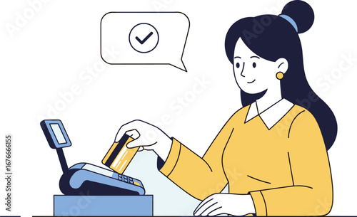 Woman inserts credit card into POS terminal. Making online payment with electronic transaction. Contactless payment, point of sale, retail, checkout, shopping.
