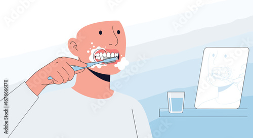 Person brushing teeth in mirror, clean mouth hygiene. Dental care, wellness, oral health, routine, self-care, morning, toothbrush, foam, teeth, clean, reflection.