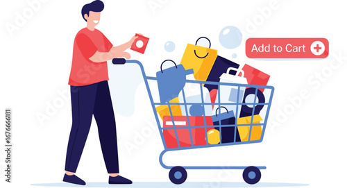 Man adds product to shopping cart online. E-commerce, retail, shopping, digital marketing, buying, online store, add to cart, consumerism, purchase
