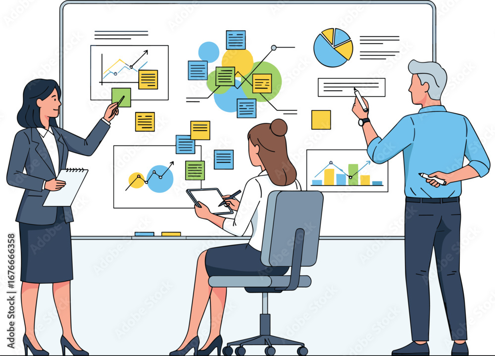 Fototapeta premium Team works on presentation with charts and notes. Business strategy, office meeting, collaboration, analysis