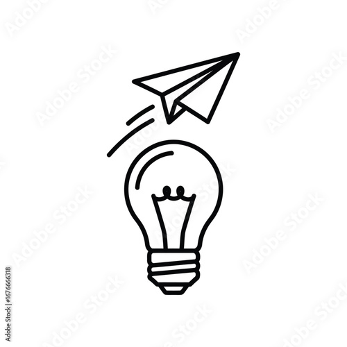 Creative Idea Generation: A graphic outline of a paper airplane soaring above a light bulb, representing the fusion of innovation and creative thought.