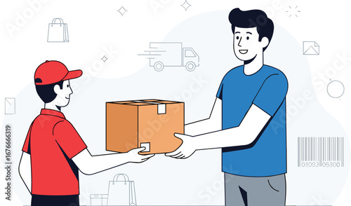 Delivery man handing box to customer. Shipping, ecommerce, online shopping, package delivery, courier service, contactless delivery, business, logistics, recipient