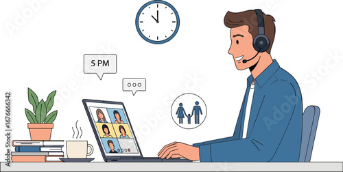 Man in online meeting working from home.  Remote work, video call, work from home, business, technology, internet, communication