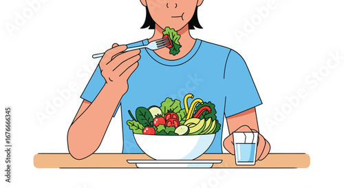 Person eats salad with water. Healthy meal, nutrition, dieting, wellness, food, lifestyle, vegetarian, vegan, freshness, balance, diet, lunch, dinner, fork