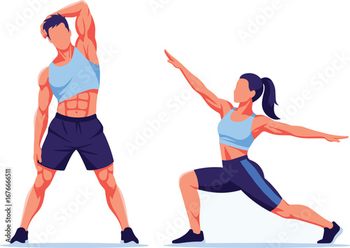 People stretching and warming up for workout. Fitness training, exercise routine, aerobics, healthy lifestyle.