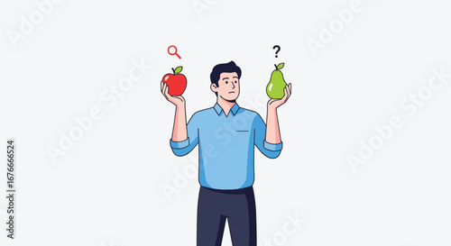 Man compares apple and pear, looking confused. Decision making, dilemma, choice, compare, fruits, confused, unsure, comparison, problem, doubt, options, food, health