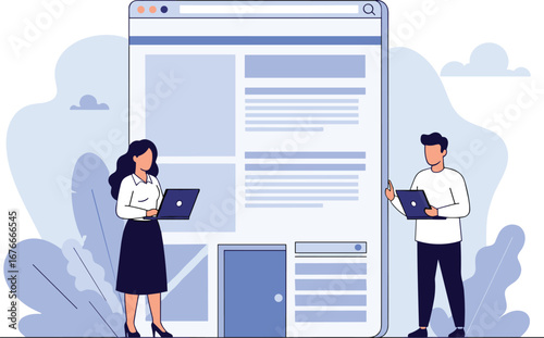 Team works on website layout and design. Collaboration, web development, user interface, teamwork, digital, modern, creative process, technology.