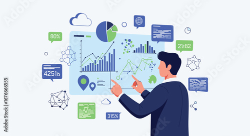 Man analyzes data dashboard, points at charts. Business intelligence, big data, analytics, strategy, marketing, growth, visualization, reporting, trends, statistics