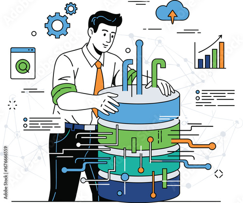 Man manages big data storage, cloud computing. Data management, information technology, database server, network infrastructure, cloud services, systems integration.