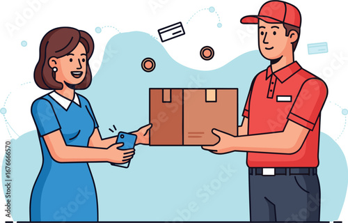 Customer receives package from delivery person, mobile payment. Courier delivery, mobile commerce, e-commerce, online shopping, contactless payment, service industry.