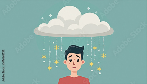 Illustration of a young man under a cloud with raindrops and stars, representing feelings of sadness