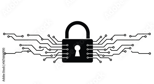 Electronic security concept with padlock and circuit board connections