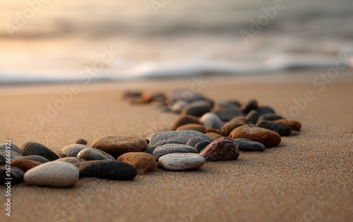 Elegant curve of smooth stones on sandy shoreline with gentle waves in golden hour light, ideal for eco-tourism branding, spa visuals, and serene minimalist landscape photography