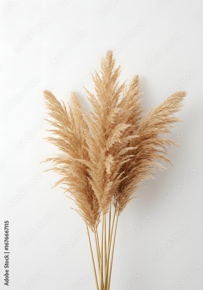 Fototapeta premium Elegant dried pampas grass arrangement against a minimalistic white background, perfect for decor
