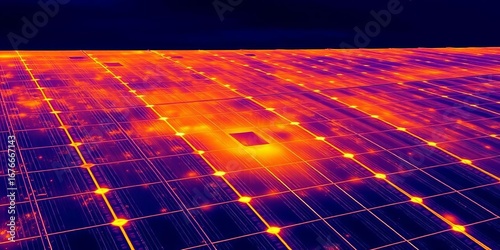 Infrared thermography reveals hot spots on solar panels, indicating potential defects, analysis, heat