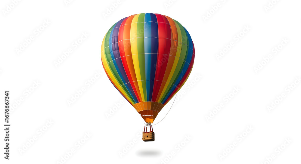 Fototapeta premium See the world from above with a vibrant rainbow hot air balloon against a bright white sky ready for your creative project on isolated white background