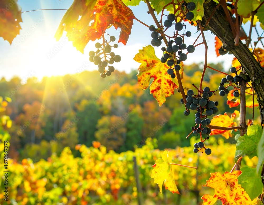 Obraz premium Autumn vineyard scene with grapes and sunlight