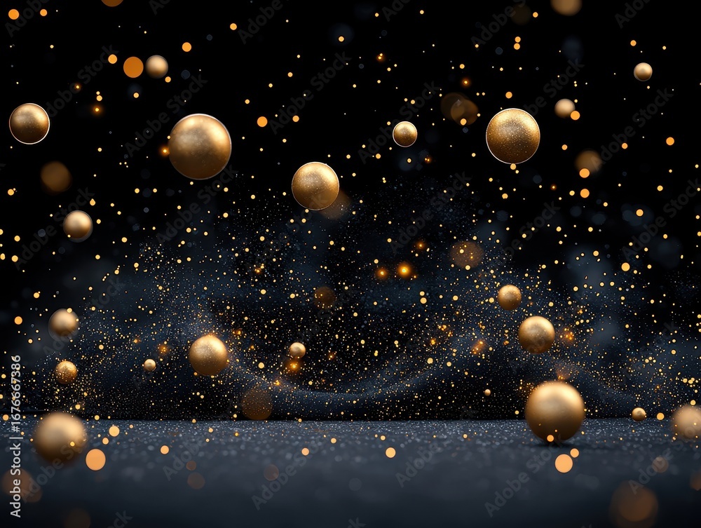 Fototapeta premium Golden spheres, dark background, glittering