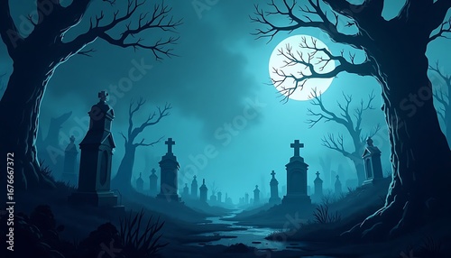 Walking Through a Cemetery Under the Moonlight with Spooky Atmosphere